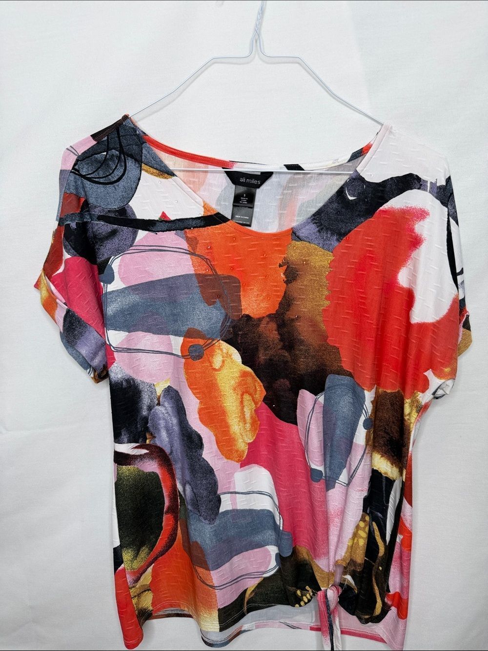 Ali Miles Abstract Tie-Hem Short Sleeve Top - Pink, Red, Black, Gold, Orange